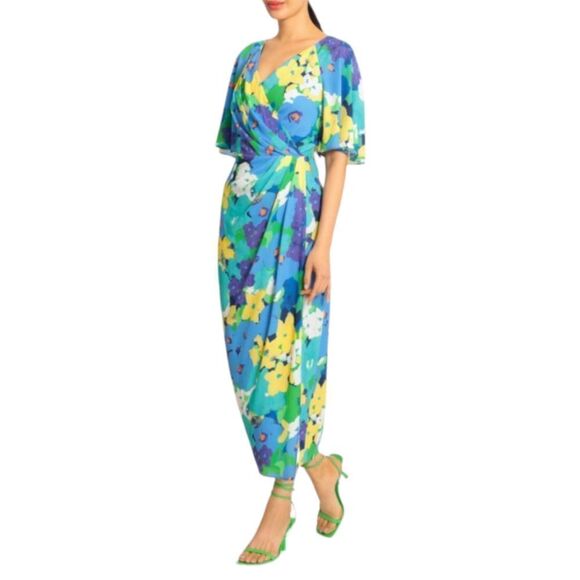 MAGGY LONDON floral midi flutter sleeve wrap dress in‎ ocean multi 12 - Picture 1 of 9